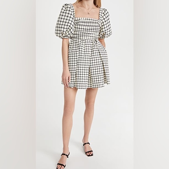 NWOT Self-Portrait Puff Sleeve Monochrome Check Mini Dress - sz 4US - Picture 2 of 7